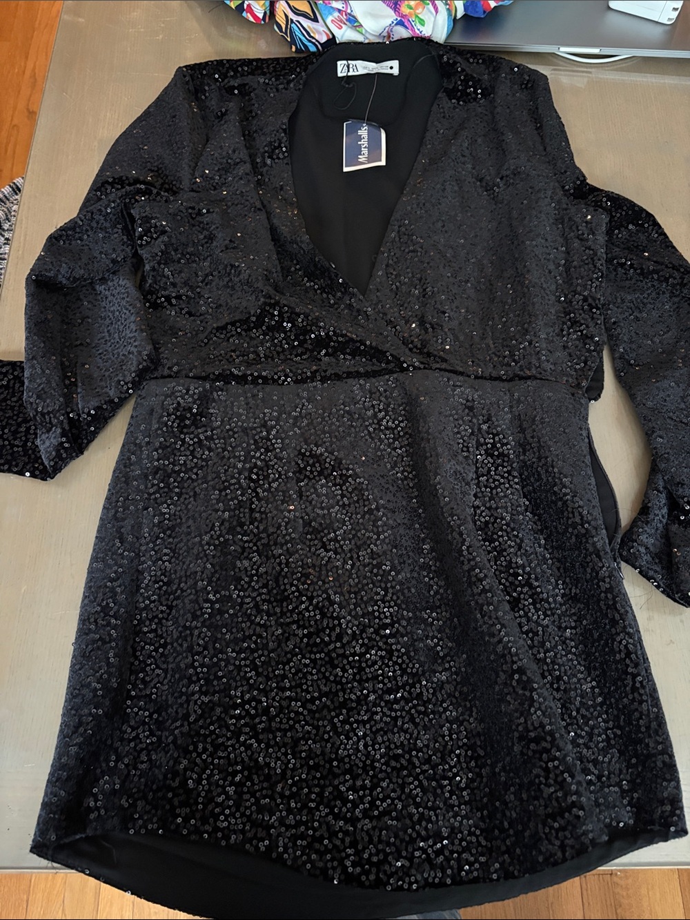 Zara Black Sequin Wrap-Front Mini Dress